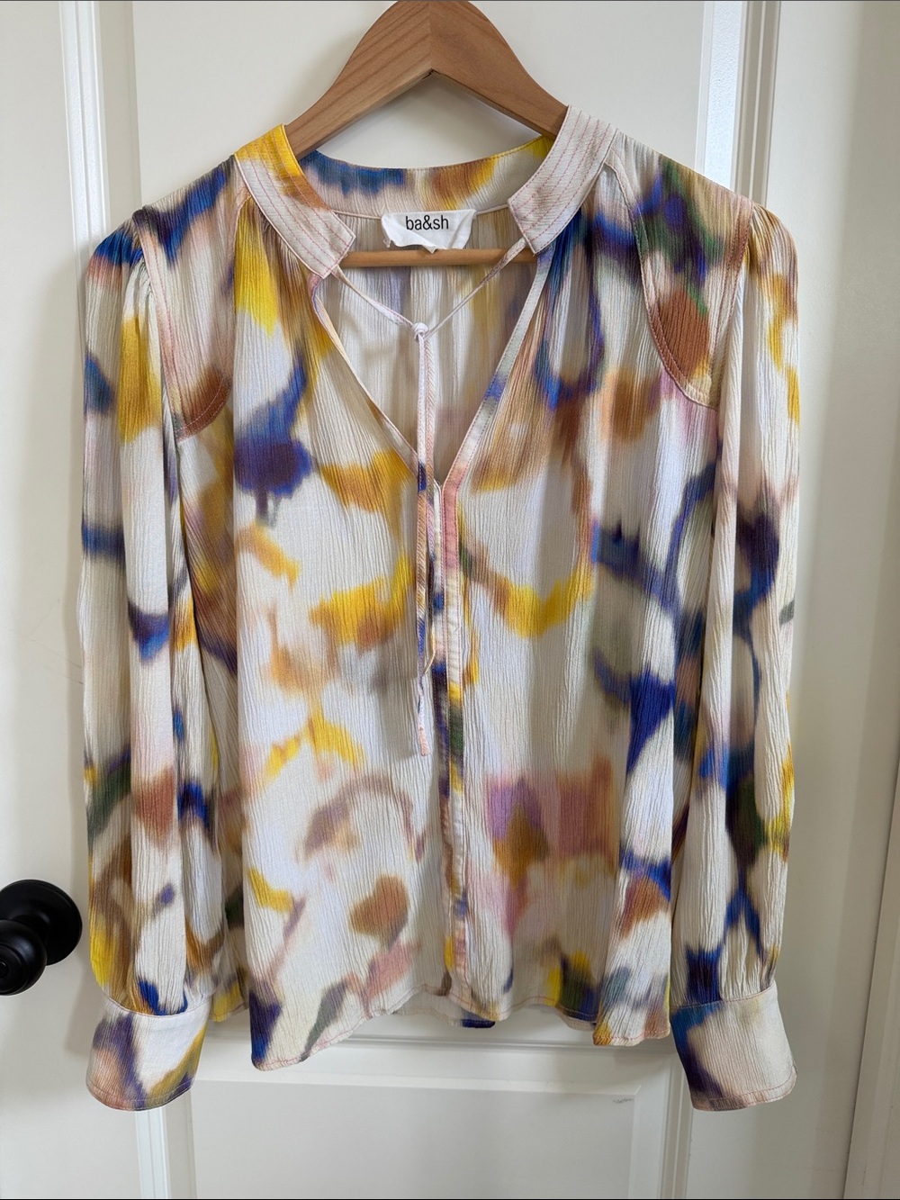 ba&sh Cream Watercolor-Print Long Sleeve Blouse with Multicolor Accents